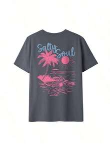 SALTY SOUL Women's Summer T-Shirt 2026, New Spring/Summer Collection, Coconut And Sun Print, Round Neck, Short Sleeve, Casual, Versatile, Essential Garment For Everyday Wear And Vacations. Women's Vacation Print T-Shirt, Loose And Comfortable, Summer Tops - 深灰色 - 查看 3