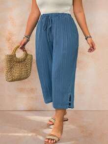 Pantalones capri informales de talla grande de un solo color - Niebla azul 2 - Ver 5