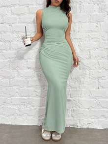 Vestido De Sirena Ajustado De Cuello Alto Tejido Para Mujer En Color Albaricoque - verde menta - Ver 6