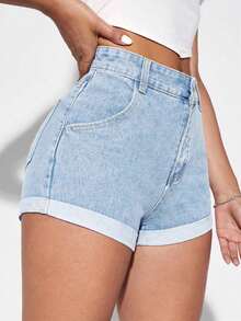 Shorts en mezclilla bajo de doblez - Azul lavado medio - Ver 3