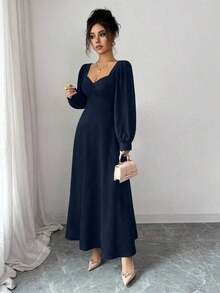 YHHElenzga Vestido largo elegante de mujer con cuello cuadrado, mangas abultadas y cintura ceñida, adecuado para el uso diarioYHH - Azul marino - Ver 7
