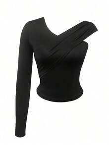 Camiseta De Señora Entallada Con Cuello En V De Color Sólido - Negro - Ver 7