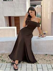 Vestido de mujer de unicolor con hombros descubiertos, nuevo vestido largo elegante y ajustado sin espalda para fiestas, uso diario y citas - Marrón - Ver 11