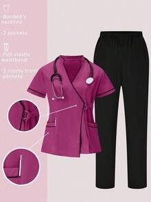 Conjunto de uniformes médicos: Parte superior de cuello en V de manga corta y pantalones para trabajadores de la salud - Rosa Fucsia - Ver 1