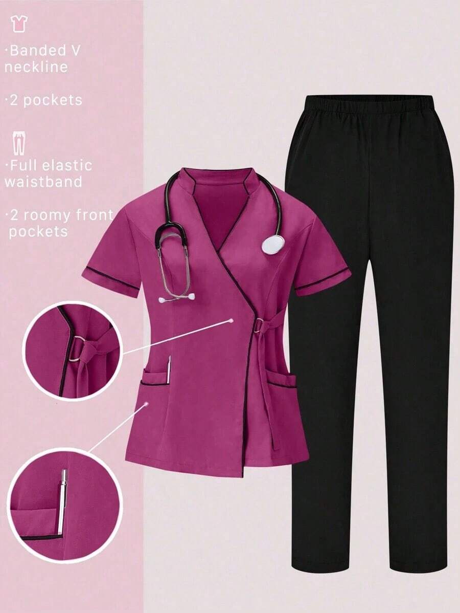 Conjunto de uniformes médicos: Parte superior de cuello en V de manga corta y pantalones para trabajadores de la salud - Rosa Fucsia - Ver 1