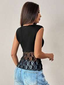 Camiseta sin mangas de encaje con parches, diseño calado, para mujer, color rosa, sexy - Negro - Ver 2