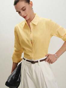2026 Nueva Camisa Básica Versátil y Elegante para Mujer con Botones Delanteros y Cuello Mao en Color Azul Claro, Adecuada para Ir al Trabajo, Uso Diario, Estilo Retro de los 90, Navidad, Año Nuevo, Fiesta de San Valentín, Playa, Graduación, Moda, - amarillo ganso - Ver 3