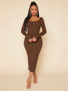 Vestido ajustado unicolor de cuello scoop - Café integral - Ver 4