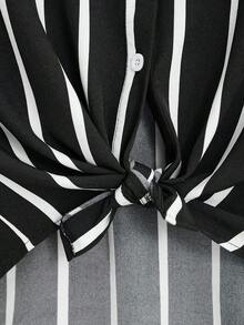 Camisa con estampado de rayas de manga murciélago - Blanco y Negro - Ver 5