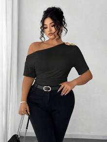 Blusa de talla grande para mujer elegante, personalizada, de moda, versátil, con un solo hombro, adecuada para uso diario - Negro - Ver 3
