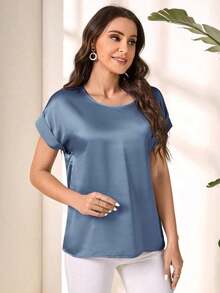 Blusa suelta elegante de verano para mujer con cuello redondo, mangas cortas tipo murciélago y unicolor - Blusas de manga corta - Niebla azul - Ver 5