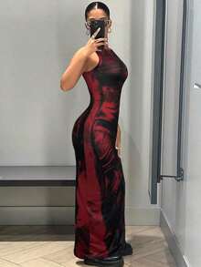 Vestido largo de tirantes con abertura lateral con estampado gráfico - Rojo - Ver 3