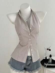 Camisa informal de mujer ajustada de rayas sin mangas con cuello - Camel - Ver 7