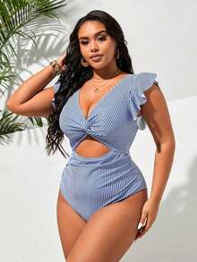 Traje de baño de una pieza con rayas y pliegues retorcidos para mujer de talla grande, adecuado para vacaciones en la playa, fiestas en la piscina y fiestas en la playa - Multicolor - Ver 3