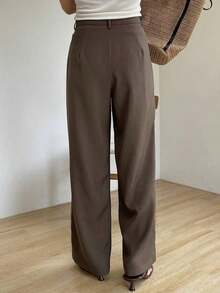 Pantalones de pierna ancha con detalle de plisado de cintura alta, pantalones de vestir para mujer, ropa de vuelta al colegio para otoño - Óxido marrón - Ver 10