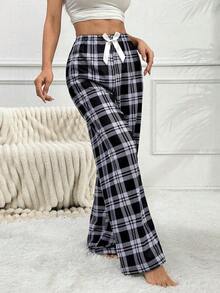 Pantalones de pijama holgados con lazo y estampado de cuadros para mujer, otoño e invierno - verde menta - Ver 6