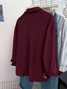 Camisa casual de manga larga, de un solo pecho, de unicolor y holgada para mujer - Burdeos - Ver 2