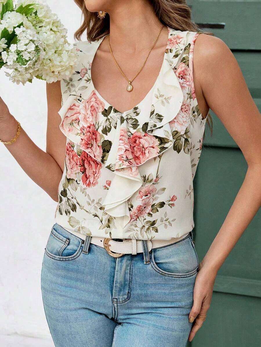 Blusa sin mangas con ribete de volantes, blusas sin mangas de verano elegantes para damas - Multicolor - Ver 1