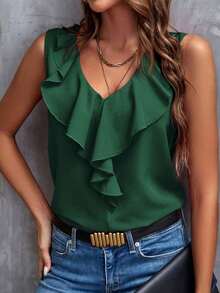 Blusa sin mangas con ribete de volantes, blusas sin mangas de verano elegantes para damas - Verde Oscuro - Ver 1