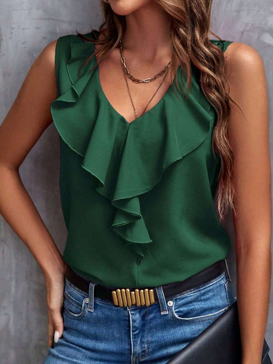 Blusa sin mangas con ribete de volantes, blusas sin mangas de verano elegantes para damas - Verde Oscuro - Ver 1