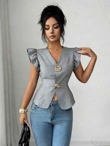 Flora Isola Cárdigan elegante de mujer con cuello en V y decoración de hebilla metálica, cintura ajustada y mangas con volantes, blusa refinada para damas - Gris - Ver 4