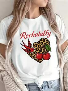 Ropa de mujer: Camiseta de poliéster estilo rock con estampado de leopardo, corazones y cerezas, ropa casual ligera para mujer, una excelente opción para atuendos de estilo callejero o de café. - Blanco - Ver 6