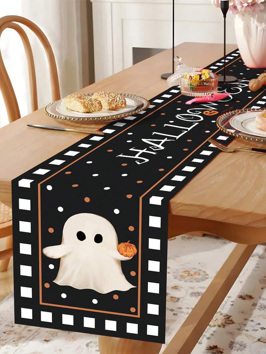 1件裝萬聖節桌旗 180*35cm 聚酯纖維桌布,Happy Halloween 桌布,幽靈南瓜與波點設計,萬聖節裝飾,萬聖節派對裝飾,Trick Or Treat 萬聖節裝飾,Happy Halloween 裝飾,廚房用品,桌面裝飾,桌面擺飾 - 多色 - 查看 1