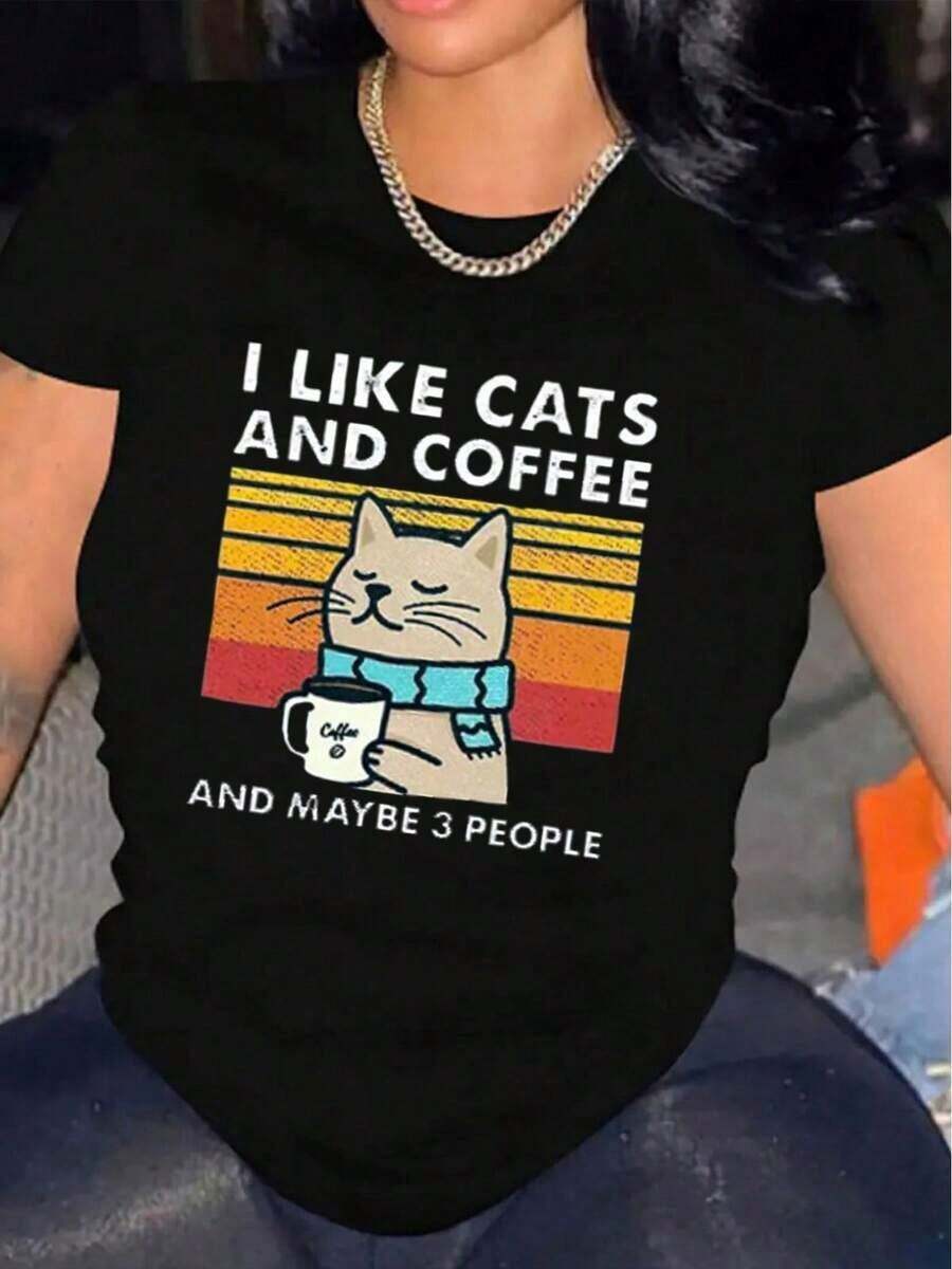 Camiseta de manga corta para mujer con estampado de la letra A y un eslogan gráfico - Ropa de verano, camiseta de gran tamaño, estilo streetwear, casual, cuello redondo, de algodón, moda de verano, camiseta holgada para mujer, atuendo diario, adecuada para primavera, verano y otoño. - Negro - Ver 1