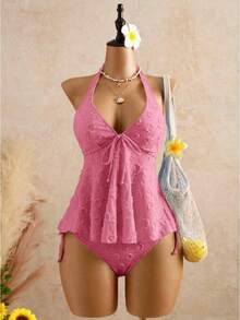 Traje de baño de encaje con cuello halter, tirantes ajustables, volantes, bikini de dos piezas que realza la figura, ideal para aguas termales. - Rosa Fucsia - Ver 1