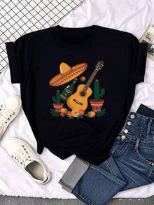 1pc Camisetas para mujer,Camisetas Para Hombre,cuello redondo,estilo urbano juvenil,estilo streetwear,diseño de moda callejera,ideal para uso informal diario - Negro - Ver 6