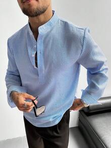 GloMan 男士半門襟立領亞麻長袖襯衫，輕盈透氣寬鬆休閒，適合夏季度假、派對、辦公室日常穿著，男士禮物 - 寶藍色 - 查看 6