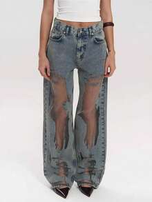 Pantalones vaqueros rectos holgados con diseño calado y combinado estilo chica atrevida - azul grisáceo - Ver 1
