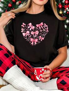 Talla Grande, Camiseta de Talla Grande, Camiseta con Estampado de Lazo Divertido para el Día de San Valentín, Camiseta Negra de Manga Corta con Cuello Redondo y Estampado - Lavable a Máquina, Estilo Casual, Ajuste Cómodo, Diseño Moderno, Versátil para Uso Diario, Tela Suave, Estilo - Negro - Ver 7
