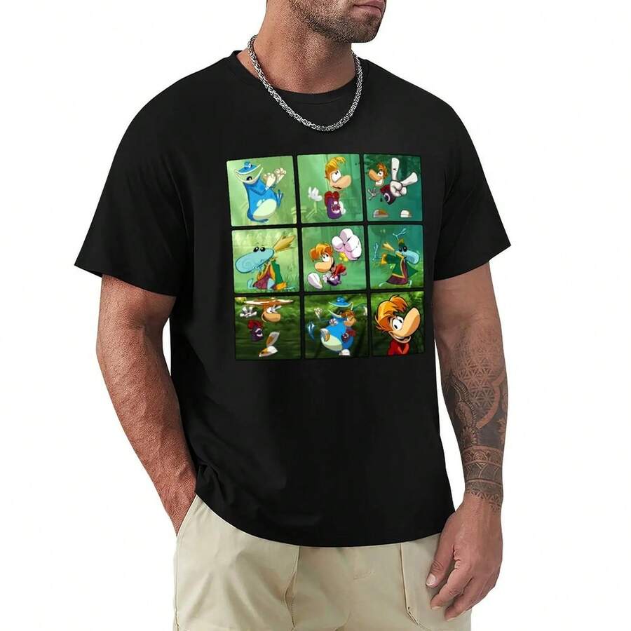 Rayman Character Print T-Shirt. Unisex T-Shirt Made Of Thick 220g Cotton, Soft And Breathable With Excellent Elasticity, Gentle On The Skin And Comfortable For All-Day Wear. Classic And Casual Design, Easy To Match, Ideal For Everyday Outings, Urban Style, Sports, Dates, And Casual Get-Togethers Year-Round. - 黑色 - 查看 1