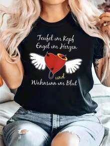 Women's T-Shirt With German Quote Print "The Devil In The Head, The Angel In The Heart And Madness In The Blood", Short Sleeve, Round Neck, Casual T-Shirt For Everyday Wear, Holiday Gift, Valentine's Day Set - 黑色 - 查看 1