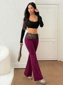 Pantalones acampanados con cintura plegable de color contrastante para mujer - Burdeos - Ver 4