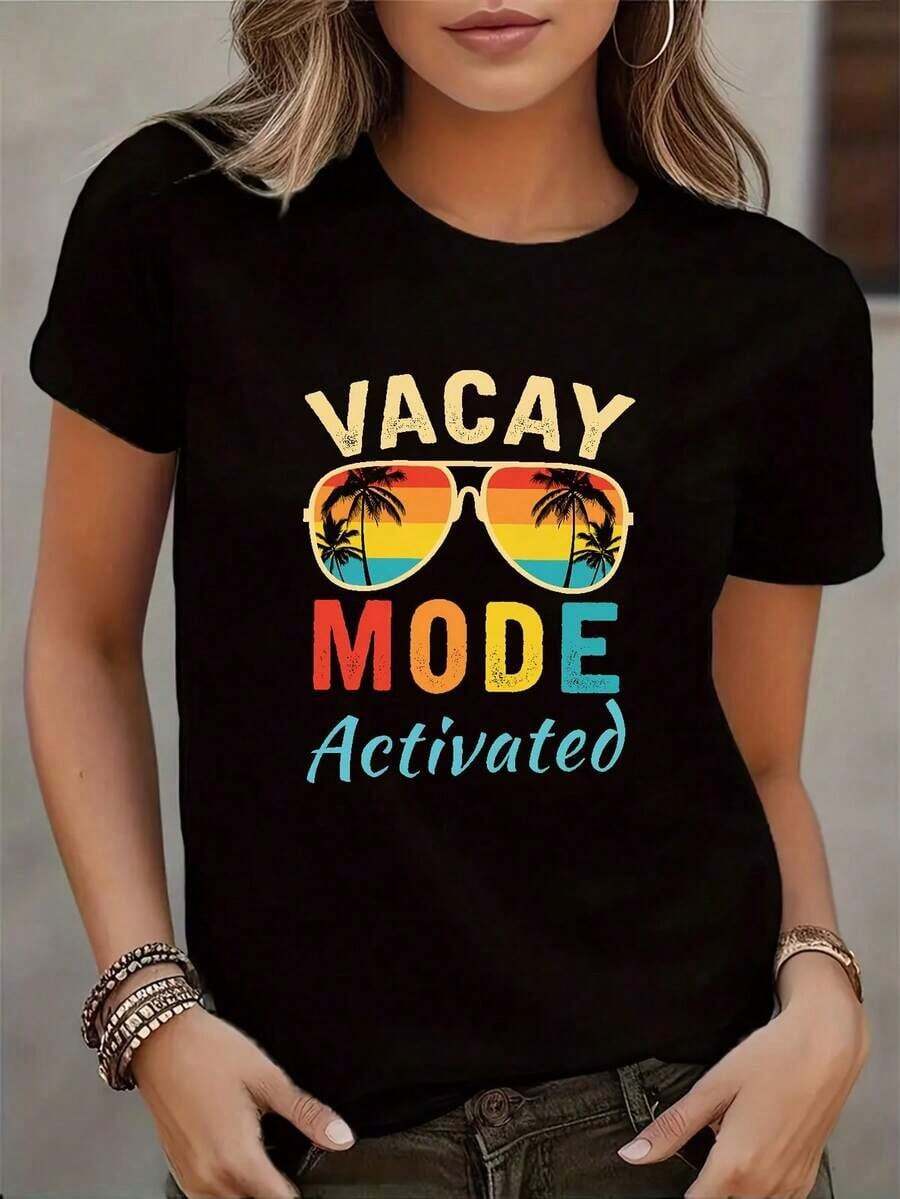 Camiseta de mujer con estampado de palmeras al atardecer - Manga corta, cuello redondo, cómoda y elástica, ideal para la playa en verano, camiseta casual con estampado de palmeras, adecuada para viajes y uso diario informal, camiseta estampada estilo vacaciones lavable a máquina. - Negro - Ver 1