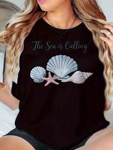 Women's Round Neck T-Shirt With 'The Sea Is Calling S' Print And Starfish, For Beach Holidays, Casual Style, 220g - 黑色 - 查看 6
