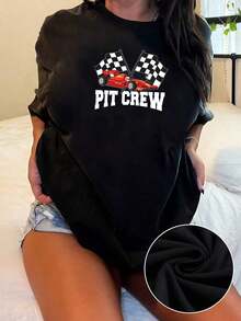 LooseGráfico de coche de carreras rojo con banderas a cuadros simboliza la pasión por la velocidad y la fuerza del equipo pit crew camisetas de mujer 100% algodón cómoda y moderna para uso diarioBasic Crew Neck Cotton T-shirt for Women - Negro - Ver 12