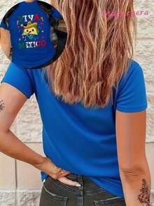 Limited Edition MGY Viva Mexico Graphic T-Shirt For Women, Size -% Cotton, Short Sleeve, Crew Neck, Casual Style With Vibrant Mexican Culture Design, Maracas, Sombrero And Chiles Print, Black And Red/Blue Green, Machine Washable, All Season Comfort, Lightweight Cotton - 藍色 - 查看 3