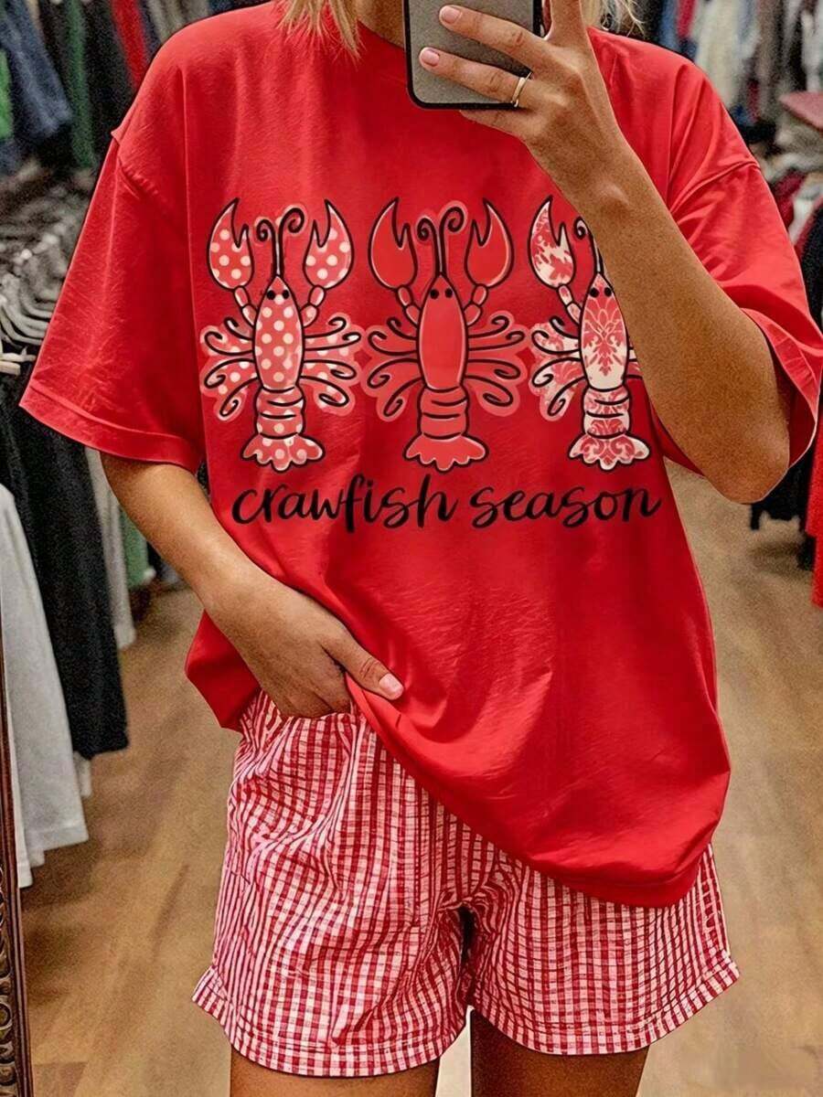 Premium 100% Cotton T-Shirt With Three Crayfish Print, Short Sleeves, And Crew Neck | Casual Style, Slightly Stretchy Fabric, Ideal For Spring/Summer/Autumn Outfits For Women, Mother's Day Gift Sets, World Cup Wear, Soccer Party Wear, Match Day Wear, Unisex Plus Size USA Soccer Jersey, Summer Outfits For Women. - 紅色 - 查看 1
