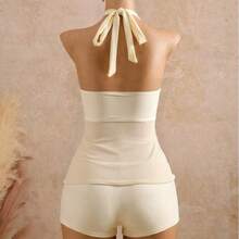 Traje de baño de encaje con cuello halter, tirantes ajustables, volantes, bikini de dos piezas que realza la figura, ideal para aguas termales. - Albaricoque - Ver 3