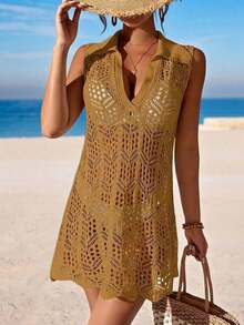 Cubre vestido de punto calado de unicolor para mujer, para el verano - Camel - Ver 4