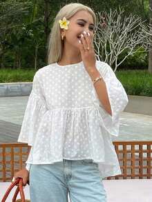 Blusa holgada de unicolor con mangas acampanadas, top de verano para mujeres - Blanco 2 - Ver 3