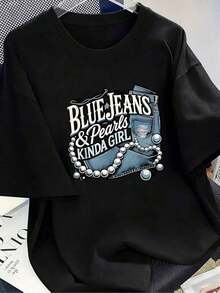 1 pieza de camiseta con diseño de perlas y jeans azules |     Camiseta Casual para Mujer, Estampado de Perlas Inspirado en el Denim, Cuello Redondo, Mangas Cortas, Fibra Transpirable, Primavera y Verano, 180g Algodón 100% - Negro 1 - Ver 1