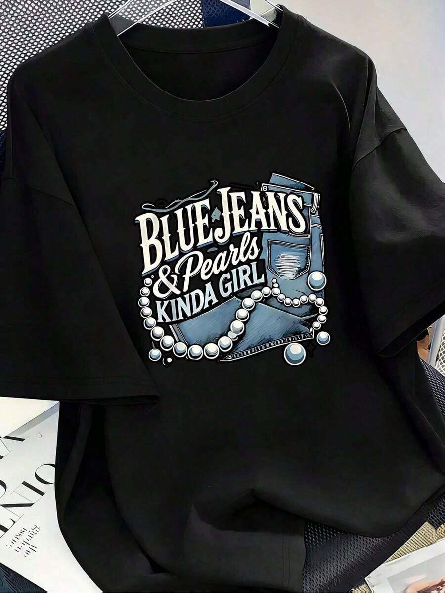 1 pieza de camiseta con diseño de perlas y jeans azules |     Camiseta Casual para Mujer, Estampado de Perlas Inspirado en el Denim, Cuello Redondo, Mangas Cortas, Fibra Transpirable, Primavera y Verano, 180g Algodón 100% - Negro 1 - Ver 1
