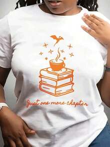 1 Piece Of  Women's Casual Crew Neck T-Shirt, Ideal For Valentine's Day. | Book And Coffee Patterns, Artistic Reading Theme, Crew Neck, Short Sleeves, Slightly Stretchy Fabric, Suitable For All Seasons, 180g 100% Cotton - 白色 - 查看 12