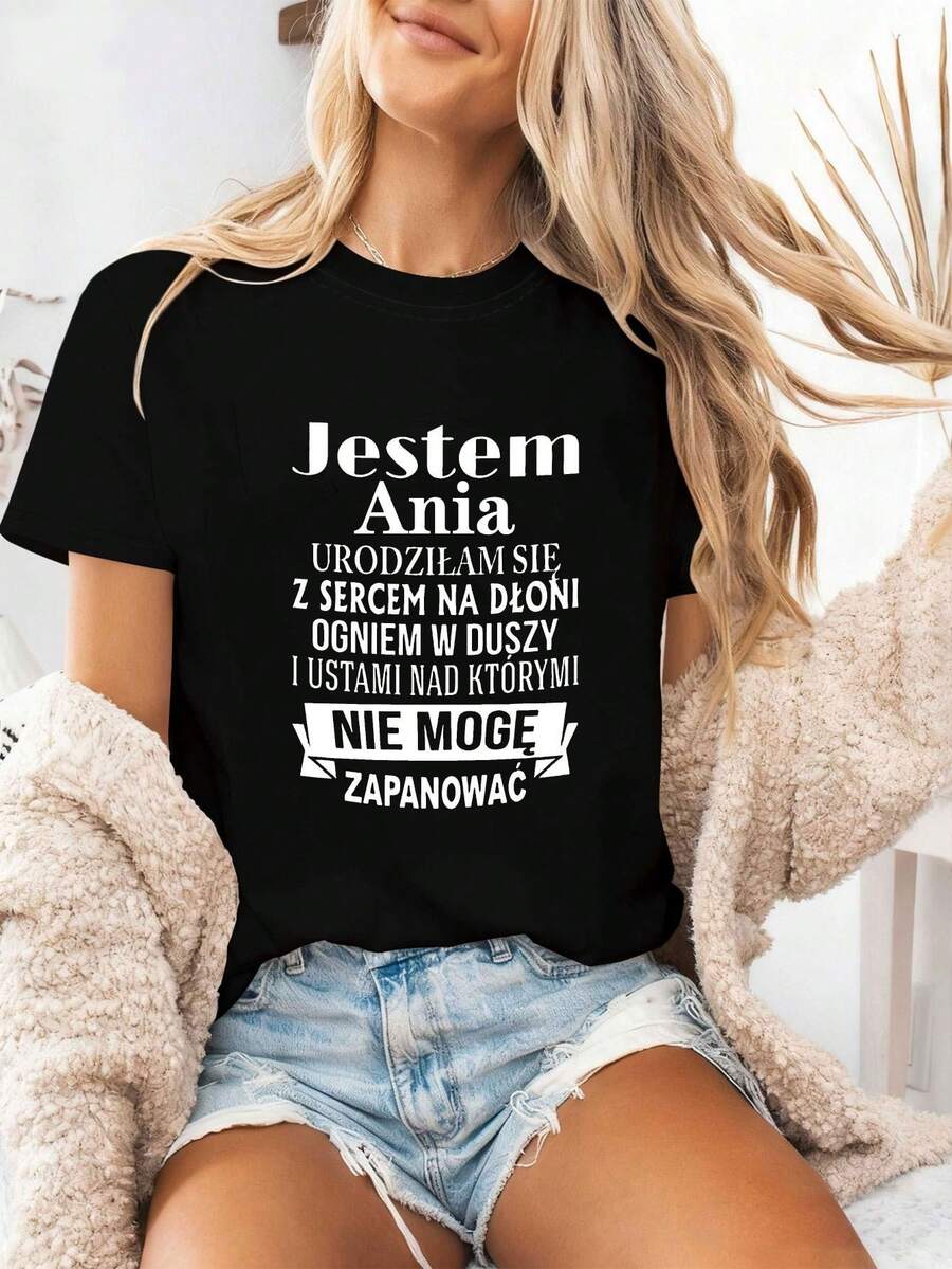 Polish Women's T-Shirt I'M Ania Born With Heart On My Sleeve With Letter Print, Casual Short Sleeve Round Neck Top For Summer And Spring, Women's Clothing - 黑色 - 查看 1