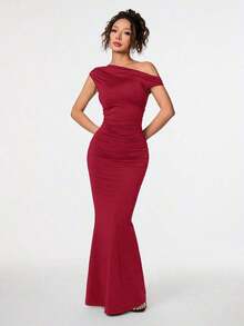 Ropa de verano, atuendos para citas diarias y viajes, atuendos de fiesta, ropa interior elegante para mujeres, atuendos para salir, vestido asimétrico con hombros caídos y cola de pez extra larga, atuendos de club para mujeres, atuendos para - Rosa Roja - Ver 6