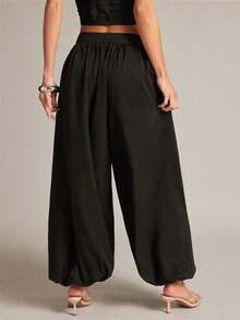 Pantalones casuales de unicolor asimétricos para mujer, pantalones de diseño suelto con cordón, longitud hasta el tobillo con botón y cremallera con pliegues - Caqui - Ver 9